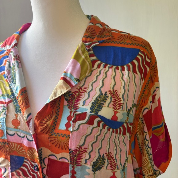 Maeve Anthropologie Bon Voyage Button Down‎ Short Sleeve Colorful Print Top Med - Picture 12 of 13